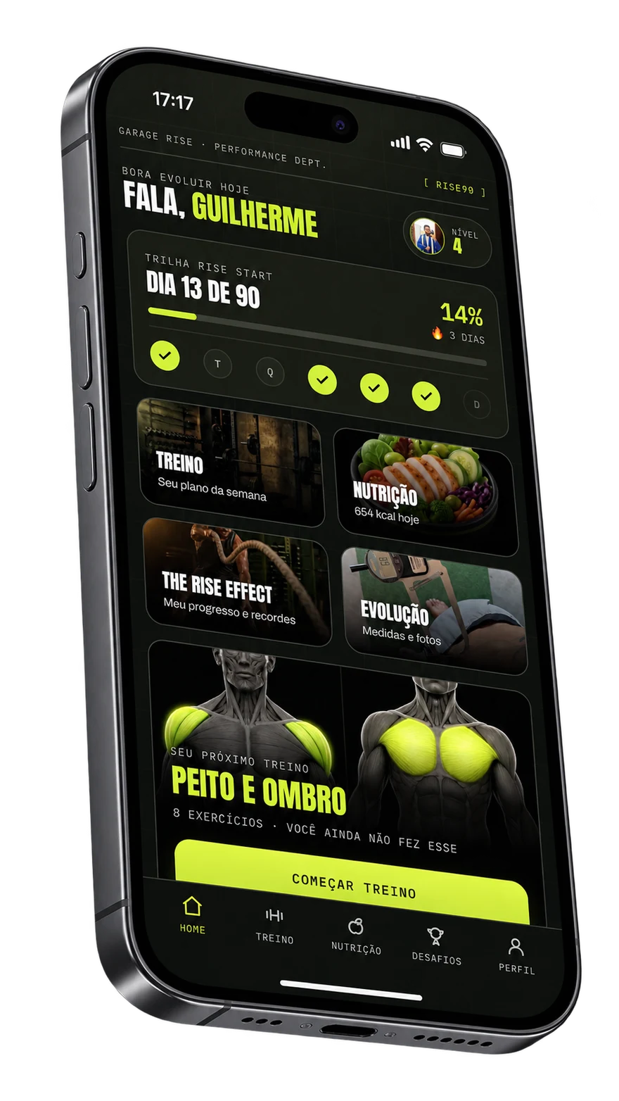 App Garage Rise: o treino do dia pronto na tela inicial